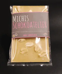 Blonde Schokolade (35% Kakaoanteil) mit Erdnüssen & Meersalz, 90g – Michis Schokoatelier