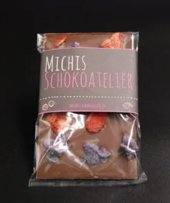 Orangenlade (29% Kakaoanteil) mit getrockneten Rosenblüten & Pistazien, 90g – Ansicht 36 – Michis Schokoatelier