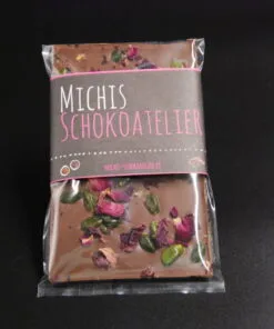 Orangenlade (29% Kakaoanteil) mit getrockneten Rosenblüten & Pistazien, 90g – Ansicht 24 – Michis Schokoatelier