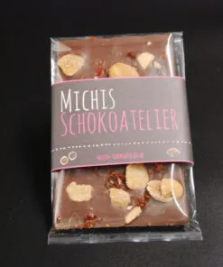 Orangenlade (29% Kakaoanteil) mit getrockneten Rosenblüten & Pistazien, 90g – Ansicht 31 – Michis Schokoatelier
