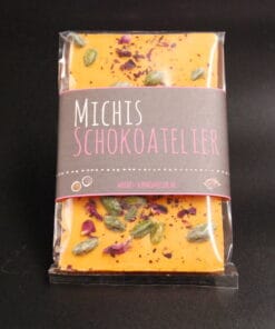 Orangenlade (29% Kakaoanteil) mit getrockneten Rosenblüten & Pistazien, 90g – Ansicht 13 – Michis Schokoatelier