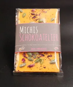 Orangenlade (29% Kakaoanteil) mit getrockneten Rosenblüten & Pistazien, 90g – Ansicht 13 – Michis Schokoatelier