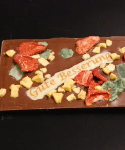 Orangenlade (29% Kakaoanteil) mit getrockneten Rosenblüten & Pistazien, 90g – Ansicht 6 – Michis Schokoatelier