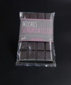 Dunkle Schokolade aus Nacional-Kakao, vegane 80g-Tafel – handgefertigt in Michis Schokoatelier in Frankfurt.