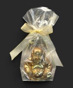 Buddha aus Zartbitter-Schokolade (65% Kakaoanteil) mit Lebensmittelfarbe – verpackt – Michis Schokoatelier