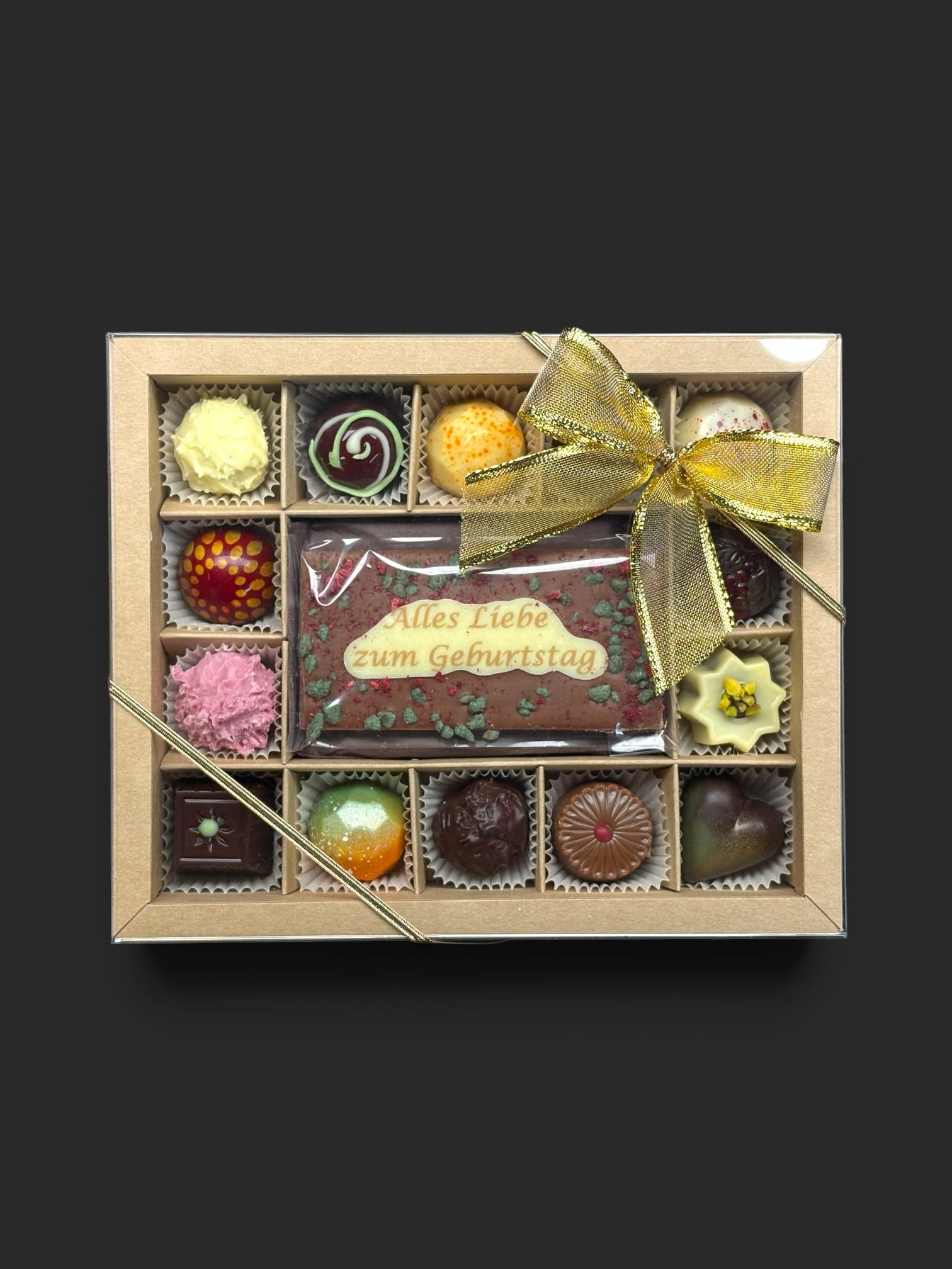 Geschenkschachtel mit 14 Pralinen + Minitäfelchen mit Aufschrift – Bild 2
