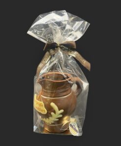 Bembel-Figur aus Vollmilchschokolade (40 % Kakao), mit Aufschrift „herzliche Grüße aus Frankfurt“, Seitenansicht, in Geschenkverpackung