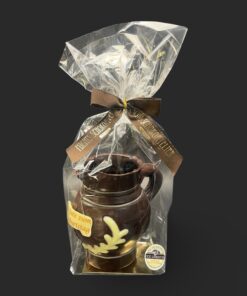 Bembel-Figur aus Zartbitterschokolade (65 % Kakao), mit Aufschrift „Alles Gute zum 70 Geburtstag“, Seitenansicht, in Geschenkverpackung