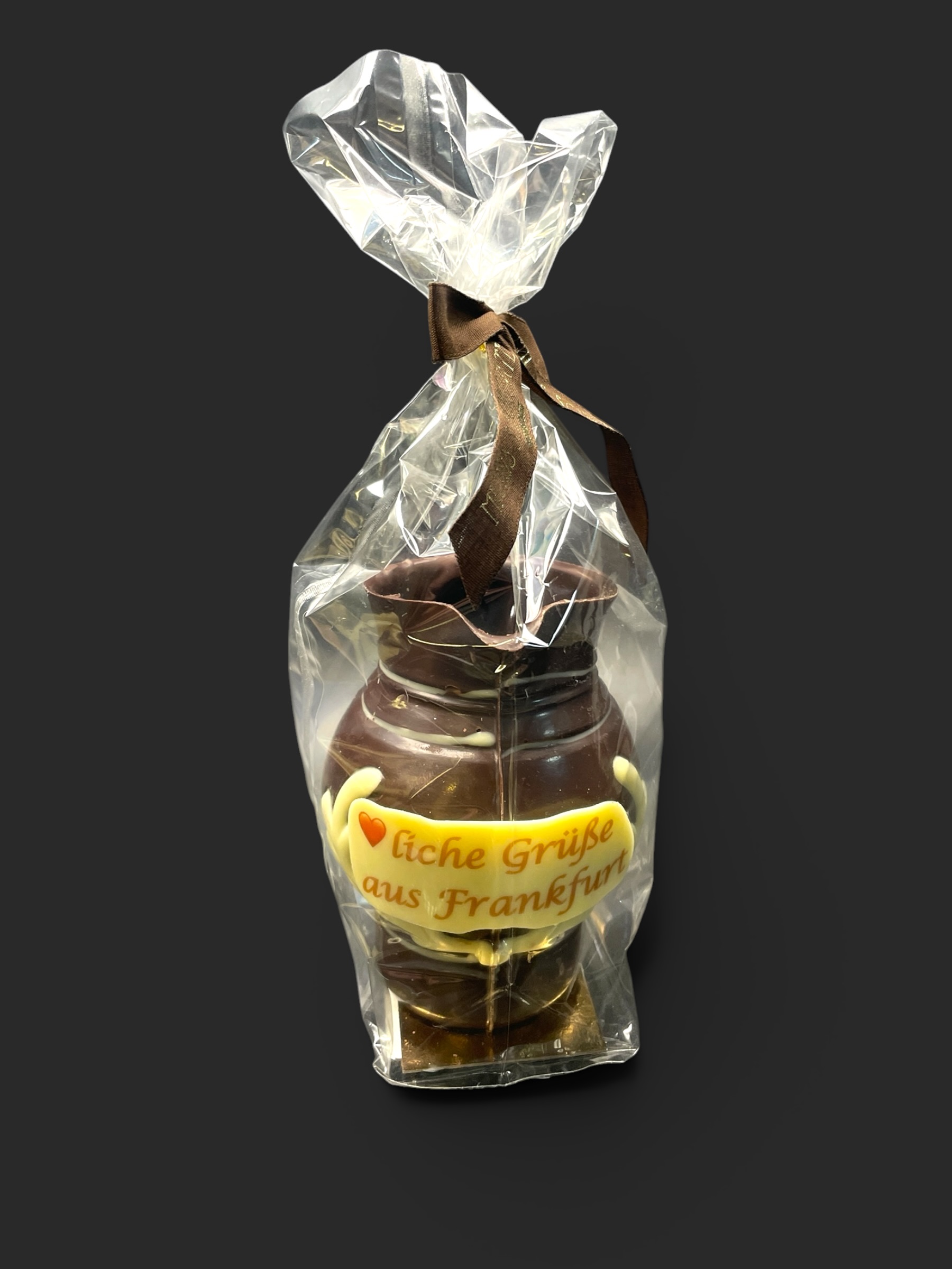 Bembel-Figur aus Zartbitterschokolade (65 % Kakao), mit Aufschrift „Schriftzug“, in Geschenkverpackung