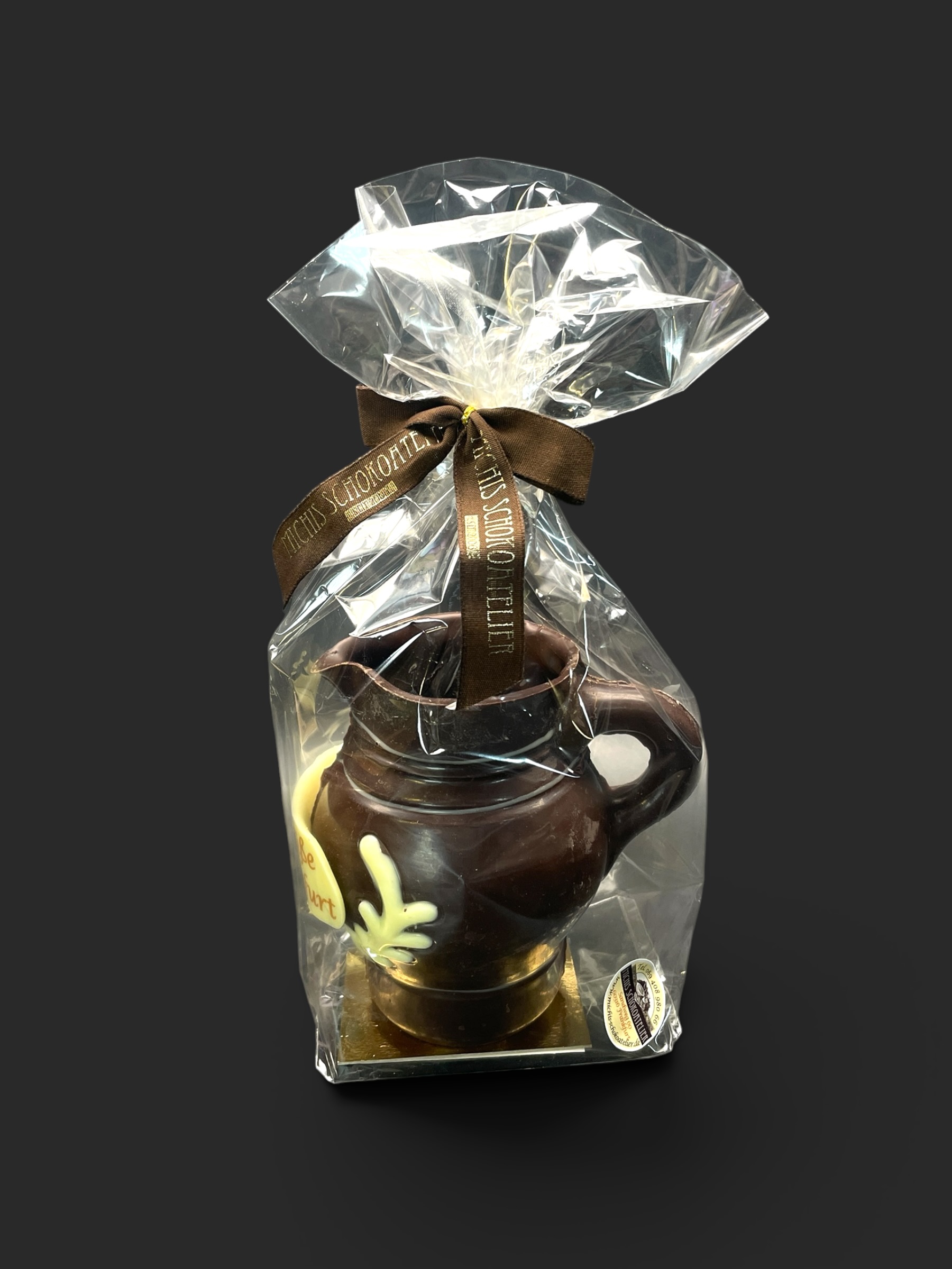Bembel-Figur aus Zartbitterschokolade (65 % Kakao), mit Aufschrift „Schriftzug“, Seitenansicht, in Geschenkverpackung