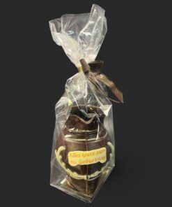 Bembel-Figur aus Zartbitterschokolade (65 % Kakao), mit Aufschrift „alles Gute zum 70 Geburtstag“, Vorderansicht, in Geschenkverpackung