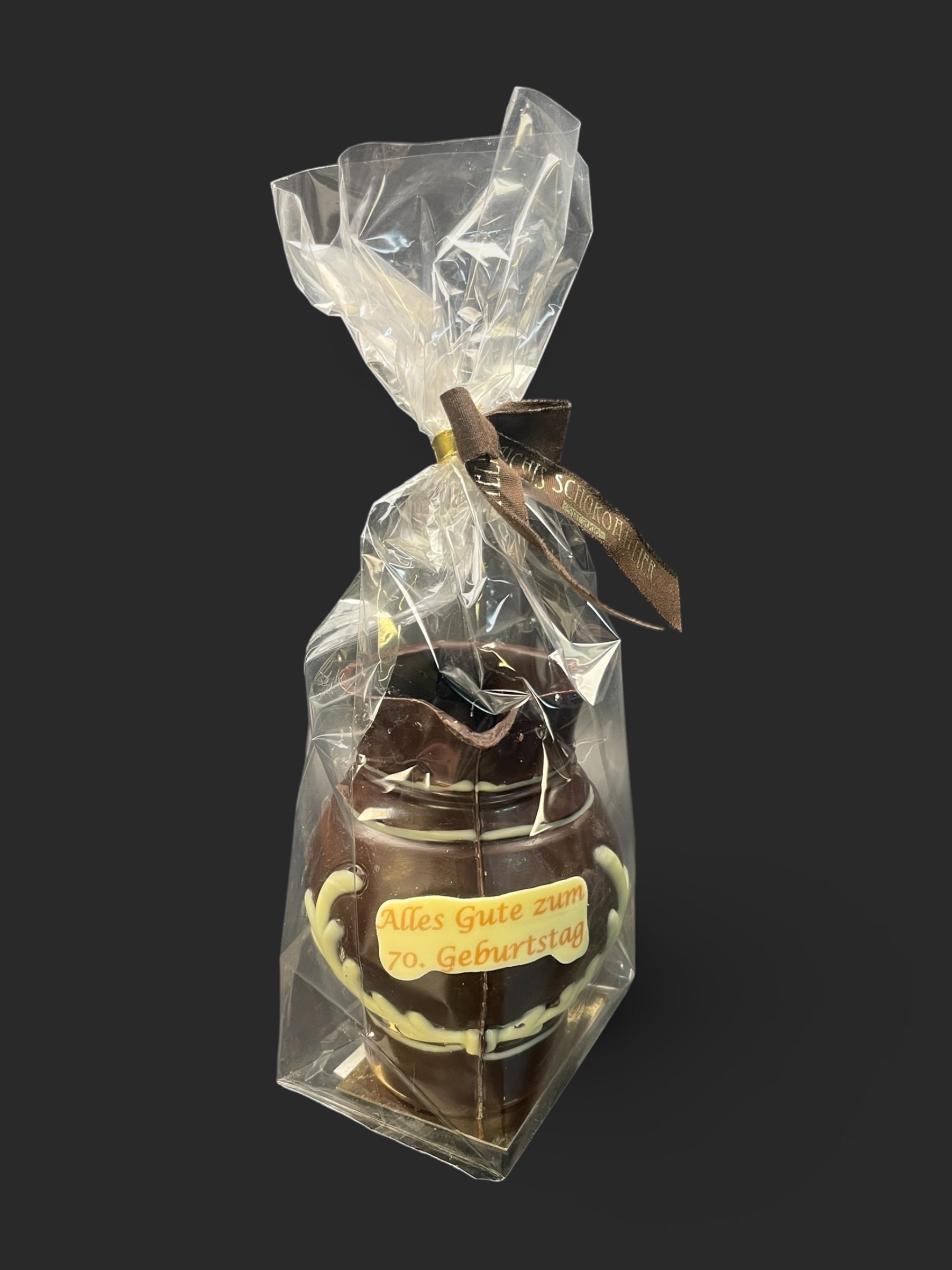 Bembel-Figur aus Zartbitterschokolade (65 % Kakao), mit Aufschrift „alles Gute zum 70 Geburtstag“, Vorderansicht, in Geschenkverpackung