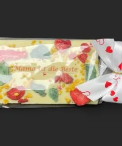 SMS-Tafel "Zum Muttertag" aus weißer Schokolade (36% Kakaoanteil), 80g – verpackt – Michis Schokoatelier