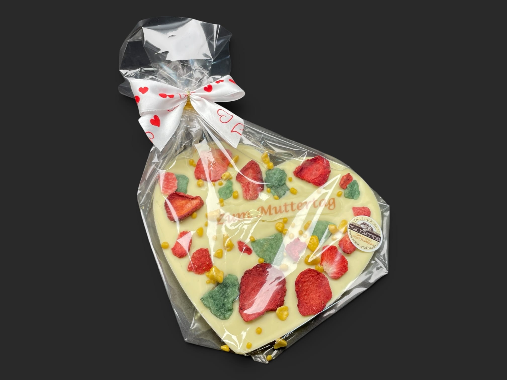 Schokoladenherz aus weißer Schokolade (36 % Kakao), zum Thema Muttertag, in Geschenkverpackung