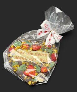 Schokoladenherz aus Zartbitterschokolade (65 % Kakao), zum Thema Muttertag, in Geschenkverpackung
