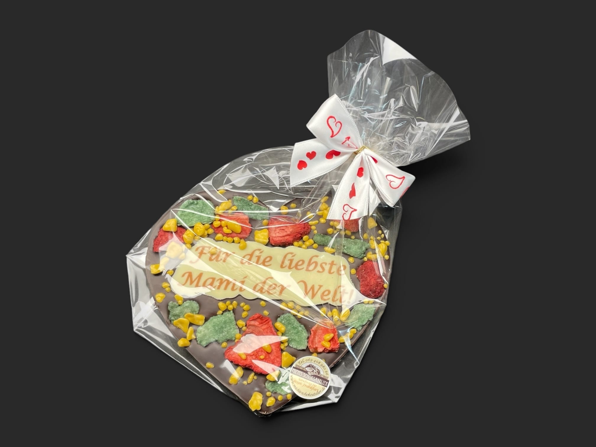 Schokoladenherz aus Zartbitterschokolade (65 % Kakao), zum Thema Muttertag, in Geschenkverpackung