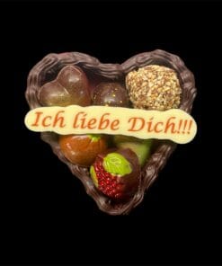 Schoko-Herz aus Vollmilchschokolade, beschriftet mit „Ich liebe Dich“ und gefüllt mit 3 Pralinen – handgefertigt in Michis Schokoatelier in Frankfurt