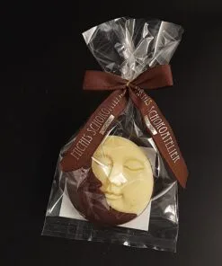 Sonne & Mond-Taler aus weißer, zartbitterer und Vollmilch-Schokolade, verpackt