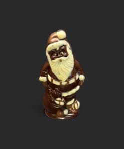Nikolaus aus Zartbitterschokolade mit Sack, 65 % Kakao und vegan bemalt – handgefertigt in Michis Schokoatelier.