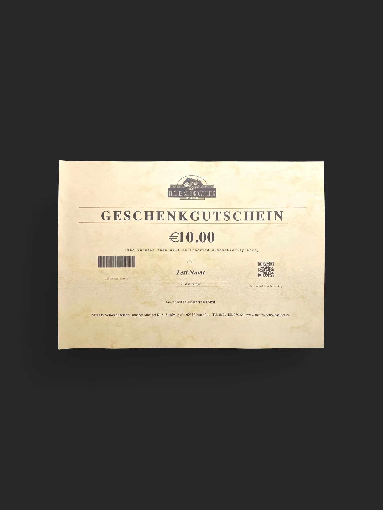 Gutschein für Schokolade, flexibel wählbar – handgefertigt in Michis Schokoatelier in Frankfurt.