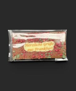Mini-Schokoladentafel aus Vollmilchschokolade (40 % Kakao), mit Aufschrift „Minitafel Gruß aus Frankfurt“, in Geschenkverpackung