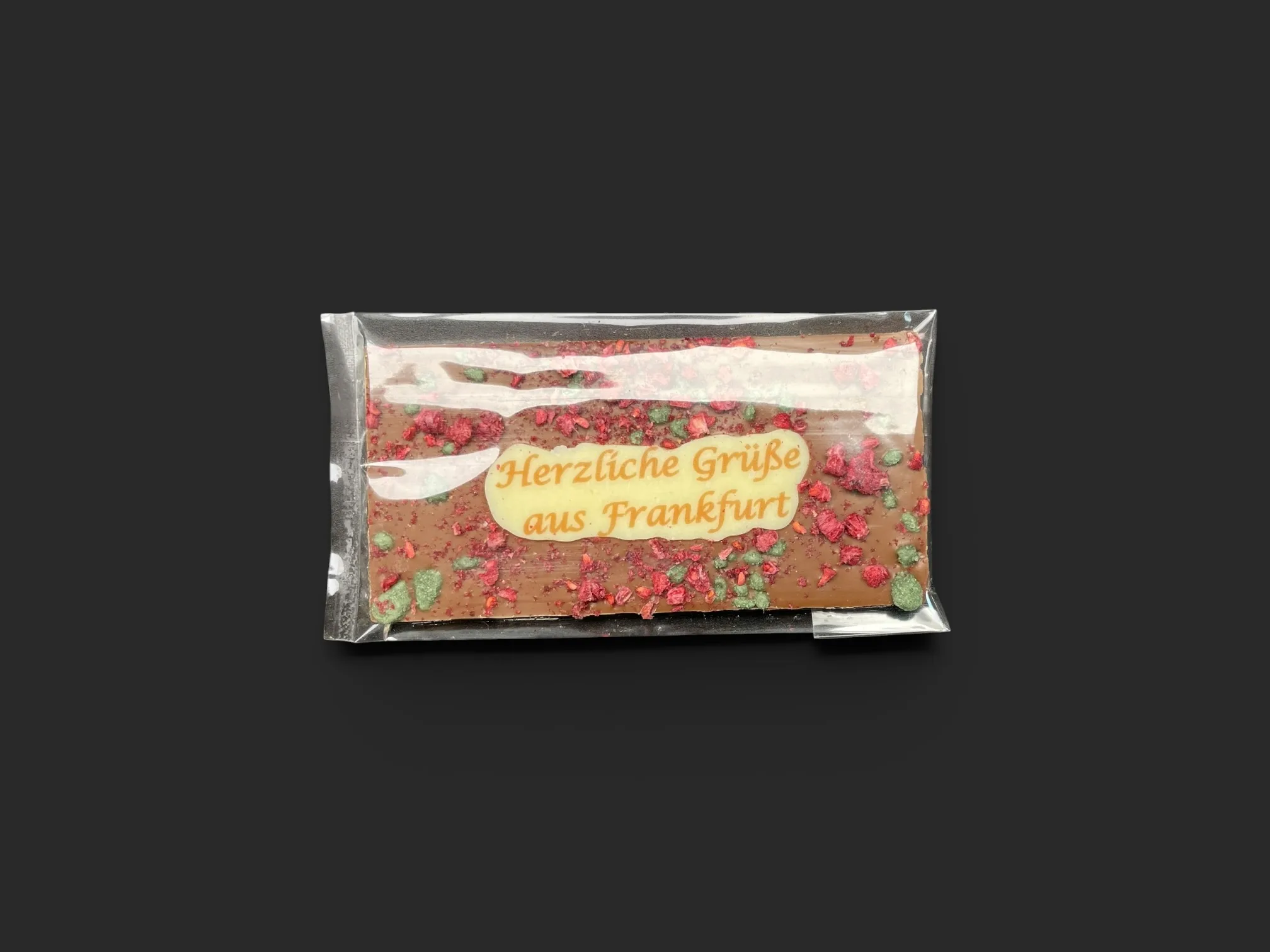 Mini-Schokoladentafel aus Vollmilchschokolade (40 % Kakao), mit Aufschrift „Minitafel Gruß aus Frankfurt“, in Geschenkverpackung