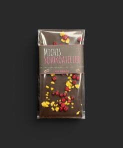 Maracaibo-Schokolade (88% Kakaoanteil) mit Johannisbeeren & Passionsfrucht 85g – verpackt – Michis Schokoatelier
