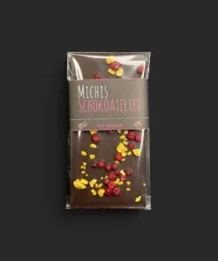 Maracaibo-Schokolade (88% Kakaoanteil) mit Johannisbeeren & Passionsfrucht 85g – verpackt – Michis Schokoatelier