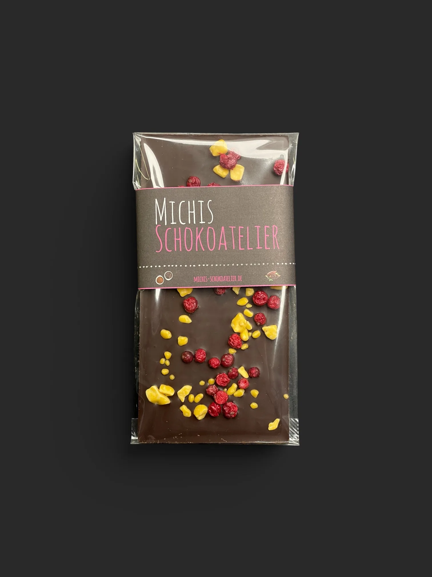 Maracaibo-Schokolade (88% Kakaoanteil) mit Johannisbeeren & Passionsfrucht 85g – verpackt – Michis Schokoatelier
