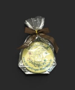 Individueller Logo-Taler aus weißer Schokolade (36% Kakaoanteil) Groß, 30g – verpackt – Michis Schokoatelier