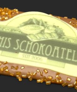 Mini-Schokoladentafel aus Vollmilchschokolade (40 % Kakao), mit Aufschrift „Minitafel Zuckerstreusel LOGO“, Detailansicht