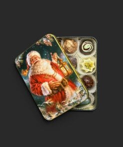 Weihnachtsbüchse aus Blech mit 12 Pralinen aus Schokolade, Weihnachtsmann-Motiv – handgefertigt in Michis Schokoatelier